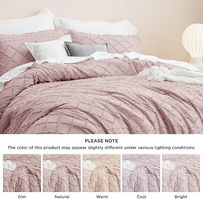 Bedsure Queen Comforter Set - Dusty Rose Comforter, Boho Tufted Shabby Chic Bedding for Kids, 3 Pieces Vintage Farmhouse Bed Set for All Seasons, Fluffy Soft Bedding with 2 Pillow Shams