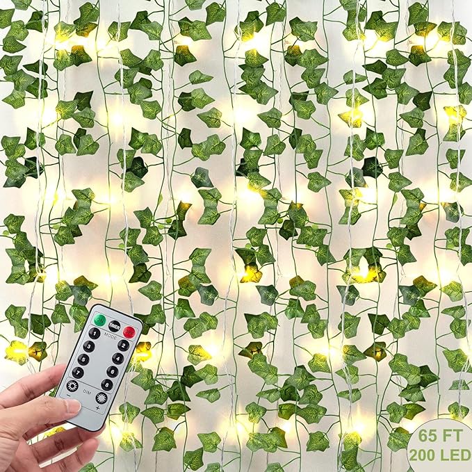 JACKYLED 84Ft 12 Pcs Artificial Ivy Garland Fake Vines with 65ft 200 LED String Lights and Remote Control Faux Hanging Leaves