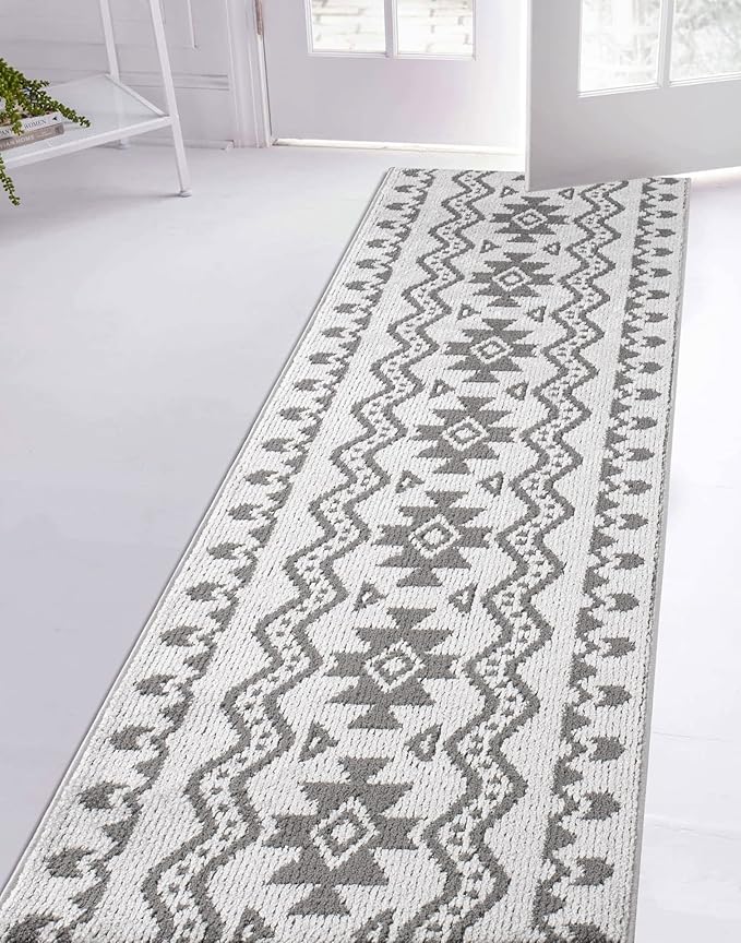 Custom Size Southwestern Style Runner Rug Mat for Wide Hallway Entryway Kitchen Laundry Room with Slip Resistant Latex Rubber Backing, Aztec Light Grey, 31 inch X 15 feet