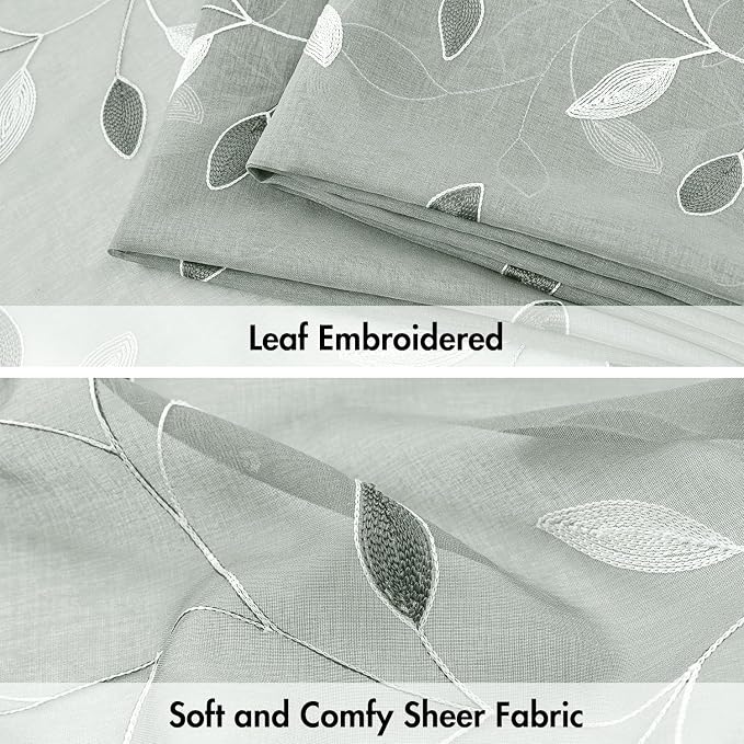 MIULEE Sage Sheer Curtains 2 Panels Embroidered Leaf Patterned, W52 x L84 | - Image 4