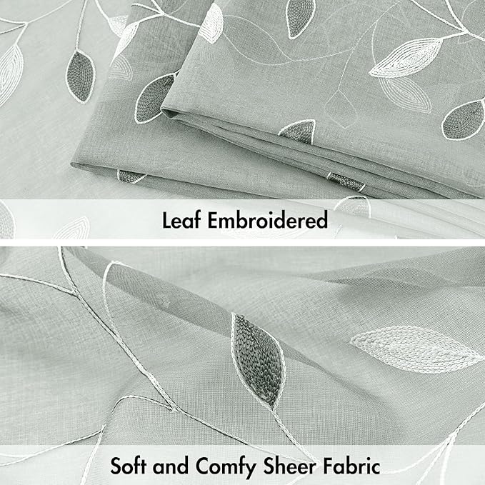 MIULEE Sage Sheer Curtains 2 Panels Embroidered Leaf Patterned, W52 x L96 | - Image 4