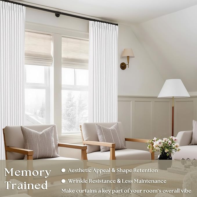 Snow White Pinch Pleated Linen Curtains 92 Inches Long 2 Panels | - Image 2