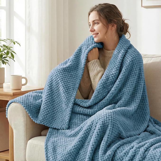 Exclusivo Mezcla Soft Waffle Fleece Bed Blanket Twin Size, Slate Blue | - Image 2