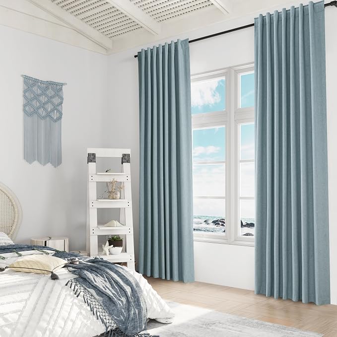 Blue 100% Blackout Linen Curtains 102 Inch Length 2 Panels Set - Image 8