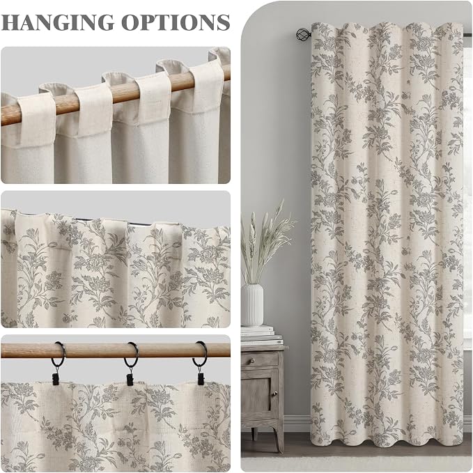 Grey Boho Floral 100% Blackout Curtains 84 Inch 2 Panels | Farmhouse Vintage - Image 7
