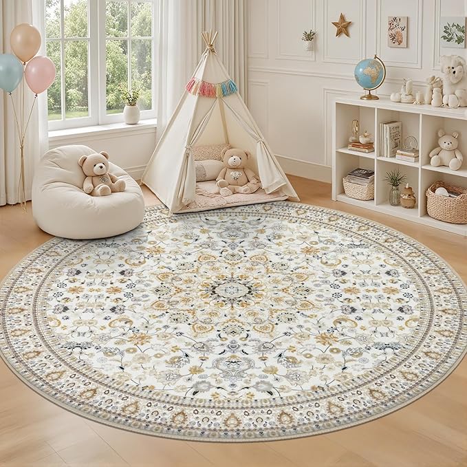 Round Area Rug for Living Room: 8ft Washable Rug for Bedroom Beige | Vintage - Image 5