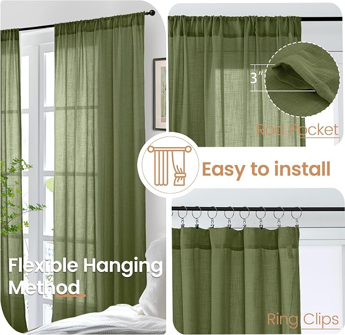 BGment Green Linen Curtains 48 Inches Long - Image 6