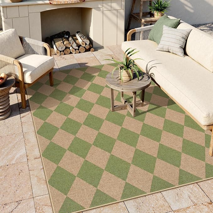 Lahome Checkered Easy Jute 5x7 Area Rug, Outdoor Patio Rugs Washable Green | - Image 3