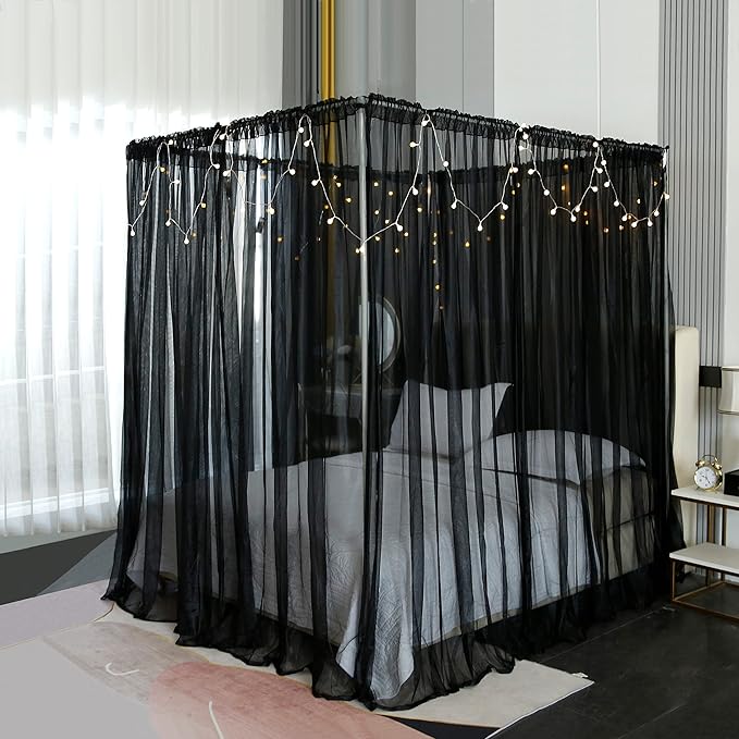 Akiky Canopy for Girls Room Bed Curtains Elegant Sheer Curtain for Twin Full Queen King Size Bed Drapes,8 Panels Canopies with Light,Room Décor(Full/Queen,Black)