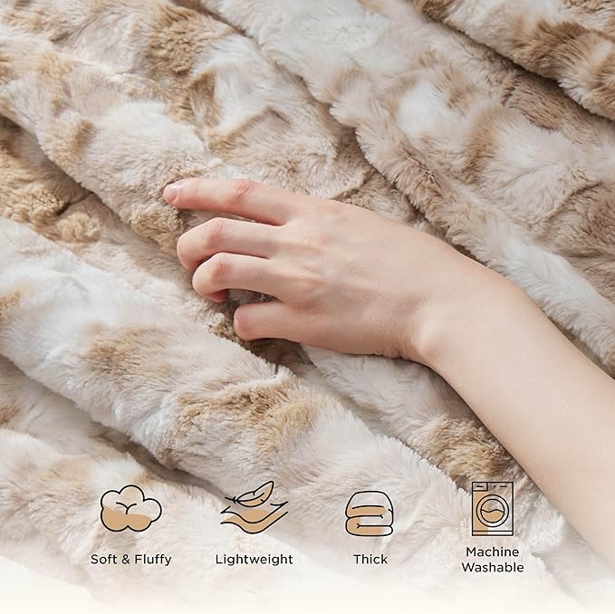 Bedsure GentleSoft Sherpa Fluffy Blanket Queen Size for Bed - Fleece Warm and Cozy for Women Gift, Plush & Fuzzy Faux Fur Christmas Blanket for Couch, Sofa Decor, Tie Dye Design, Beige, 90x90 Inches