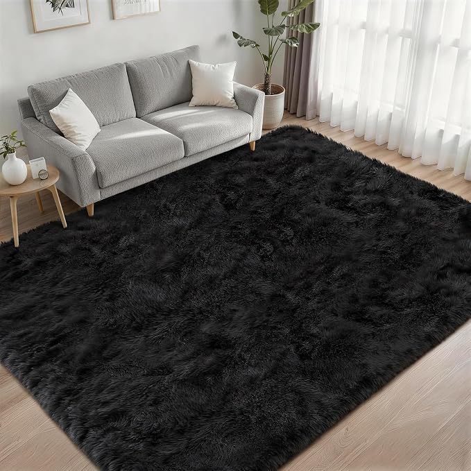 Area Rug Living Room Bedroom: 5x7 Fluffy Plush Shag Carpet Black | - Image 2