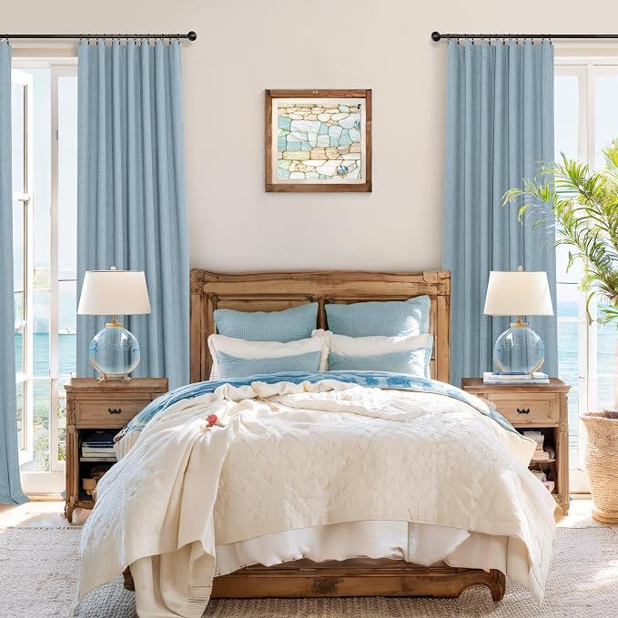 Light Blue Curtains for Bedroom 63 Inch Length 2 Panels Neutral Linen Textured - Image 6