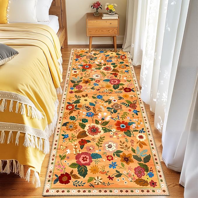 Floral Washable 2x6 Area Rugs Runner Entryway Hallway Yellow/Orange/Red | - Image 2