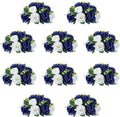 10Pcs Fake Flower Ball Arrangement Bouquet, 9.5" 15 Heads Plastic Roses with Base,Suitable for Parties Valentine's Day Wedding Centerpiece Flower Rack and Home Décor (Navy Blue & White)