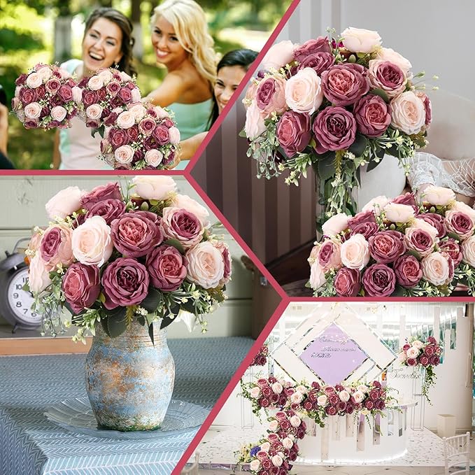 Geosar 8 Bundles Artificial Peonies Flowers Fake Silk Peony Bouquet Faux Peonies Flowers Bulk for Decoration Vase Floral Arrangements Wedding Party Table (Dusty Pink,Dusty Rose)