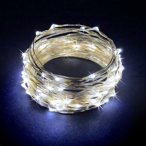 100 LEDs Cold White Color String Lights Plug-in Silver Wire Indoor and Outdoor 32 Feet Firefly Starry Fairy Lights for DIY, Christmas, Holidays, Party, Bedroom and Centerpieces
