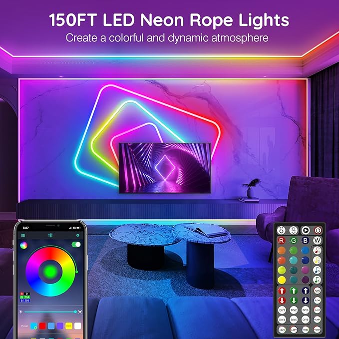 AILBTON 150Ft Neon Rope Lights,Flexible Led Rope Lights Control with App/Remote,Multiple Modes Rope Lights,IP65 Outdoor RGB Led Neon Light Waterproof,Music Sync Gaming