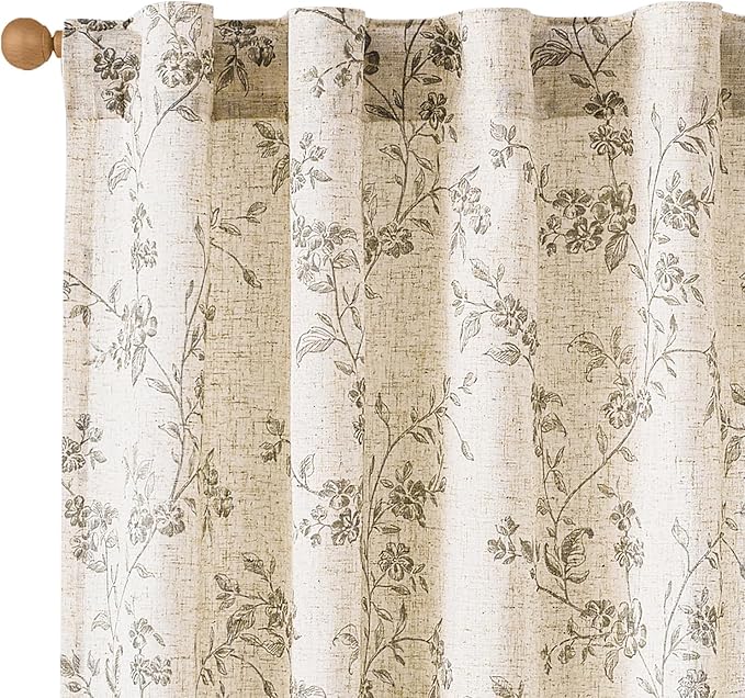 Grey Vintage Floral Linen Curtains Farmhouse 38W X 84L 2 Panels | Elisa Series by Lazzzy