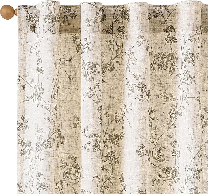 Grey Vintage Floral Linen Curtains Farmhouse 38W X 96L 2 Panels | Elisa Series by Lazzzy