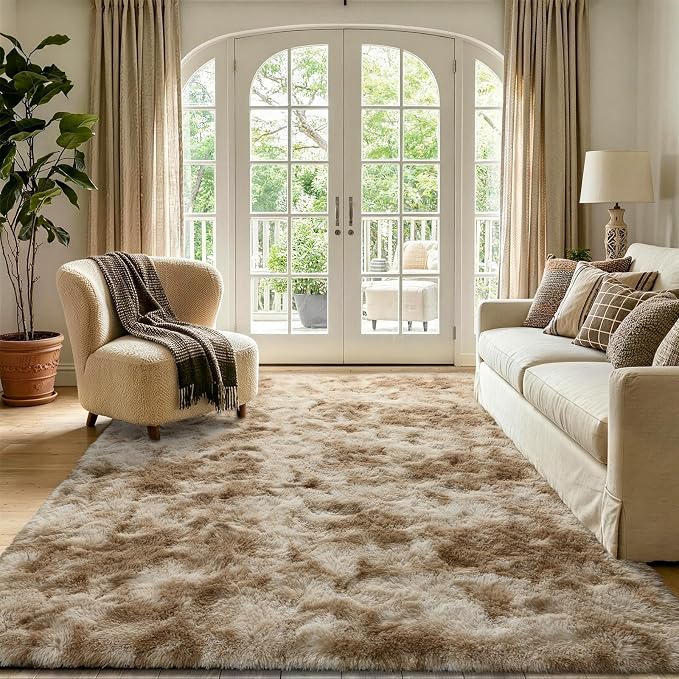 5x7 Tie-Dyed Beige Fluffy Soft Area Rug Non-Slip - Image 2