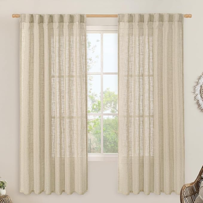 Natural Sheer Linen Curtains for Bedroom 72 Inch Length 2 Panels | Faux Linen by LAMIT