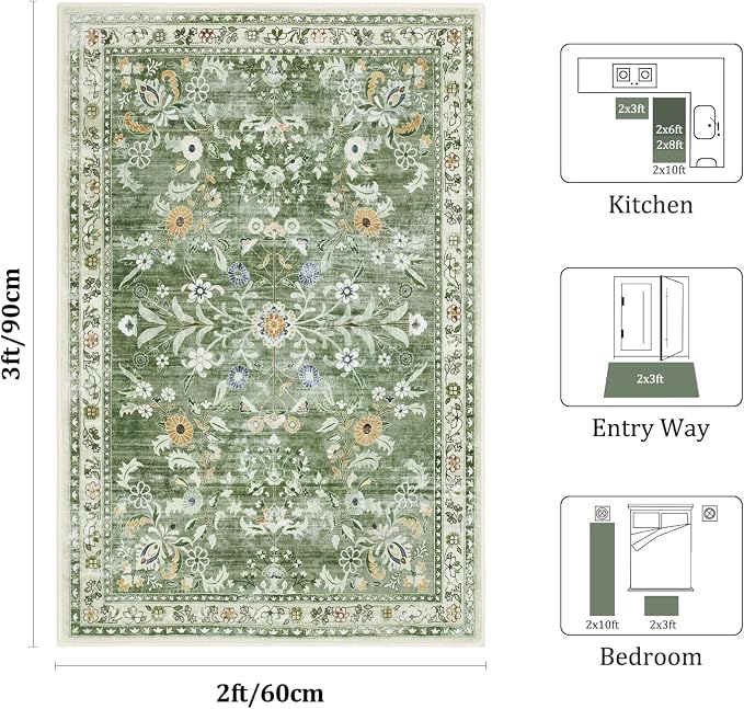 Yamaziot Washable 2x3 Area Rugs Small Entryway Non Slip Rug, Sage Green | Soft - Image 2