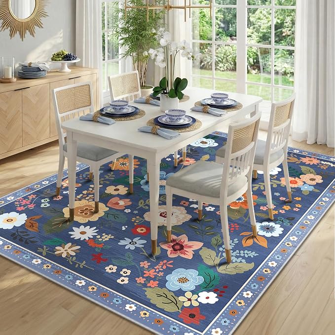 RELEANY Floral Washable 8x10 Area Rugs Blue/Grey | Flower Carpet Print Boho - Image 9