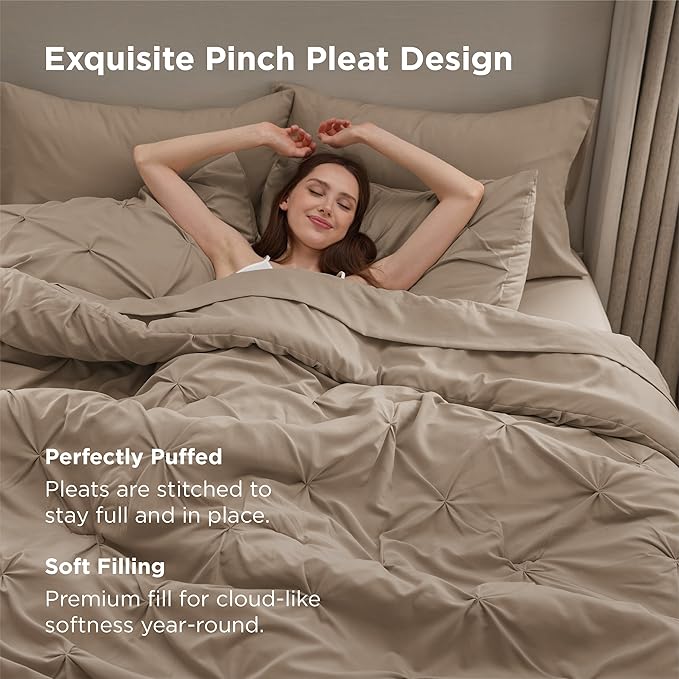 Bedsure Full Size Comforter Sets - Bedding Sets Full 7 Pieces, Pintuck Bed in a Bag Khaki Bed Set with Comforter, Sheets, Pillowcases & Shams