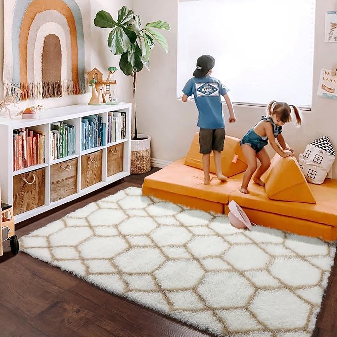 7x9 Area Rugs for Living Room Bedroom, Fluffy White and Beige Geometric Rug | - Image 8