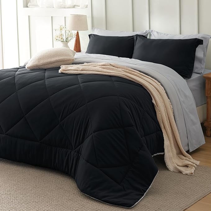 Bedsure California King Comforter Set - 7 Pieces Reversible Black Bedding, California King Size Bed Set for All Seasons, Bed in a Bag with Down Alternative Comforter, Sheets, Pillowcases & Shams