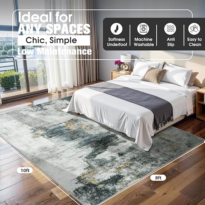 8x10 Area Rugs for Living Room Washable Bedroom Dining Room Black Gold | Modern - Image 2