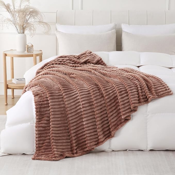 Chocolate Throw Blanket for Couch Sofa 108x90 inches Striped Design | Fleece - Image 2