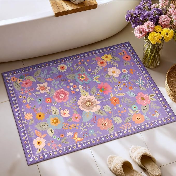 RELEANY Floral Washable 2x3 Area Rugsk Doormat Purple/Pin | Flower Carpet Print - Image 2