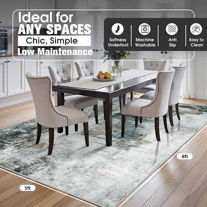5x8 Area Rugs for Living Room Washable Bedroom Dining Room Black Gold | Modern - Image 2