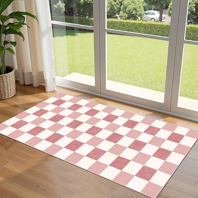 Front Door Mat Indoor Entrance, 2x4.3 Cute Pink White Checkered Rug | Non-Slip by Othilic