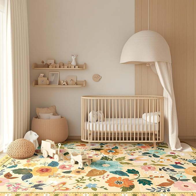 RELEANY Floral Washable 9x12 Area Rugs Ivory/Yellow | Flower Carpet Print Boho - Image 9