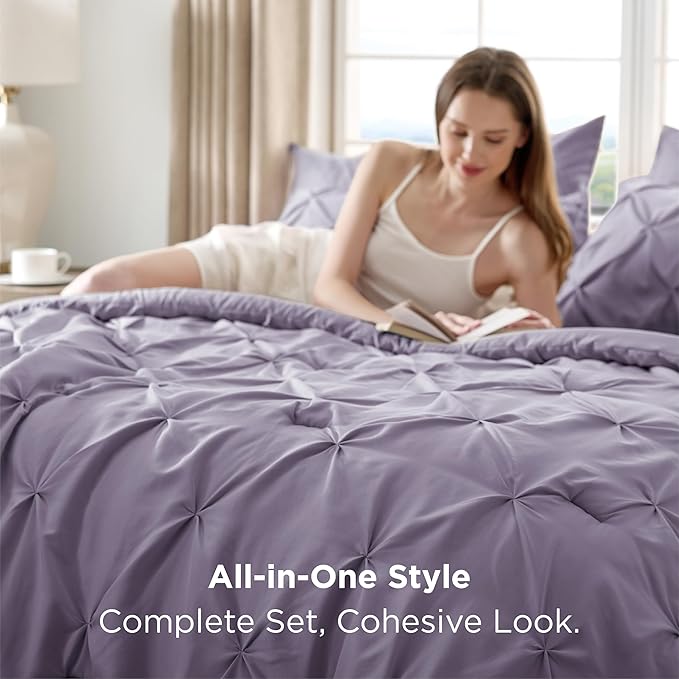 Bedsure Queen Comforter Set - Bed in a Bag Queen Size Bedding 7 Pieces, GentleSoft™ Pintuck Bed Set Gift for Family, Pinch Pleat Grayish Purple Comforter with Sheets, Pillowcases & Shams