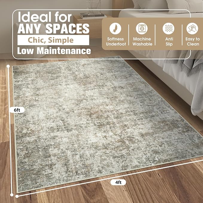 4x6 Area Rugs for Living Room Washable Bedroom Dining Room Beige Brown | Modern - Image 2