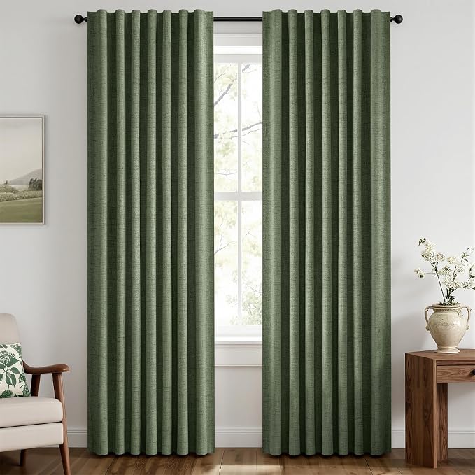 MIULEE 100% Blackout Linen Curtains 42 x 72 Inch Olive Green 2 Panels | Thermal by MIULEE