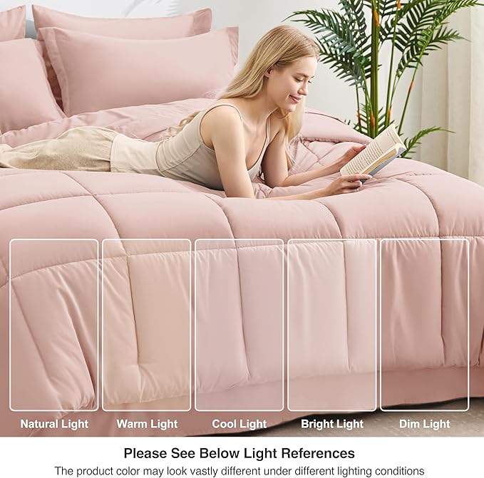 Love's cabin Twin XL Comforter Set Blush Pink, 5 Pieces Twin XL Bed in a Bag, All Season Bedding Sets with 1 Comforter, 1 Flat Sheet, 1 Fitted Sheet, 1 Pillowcase and 1 Pillow Sham