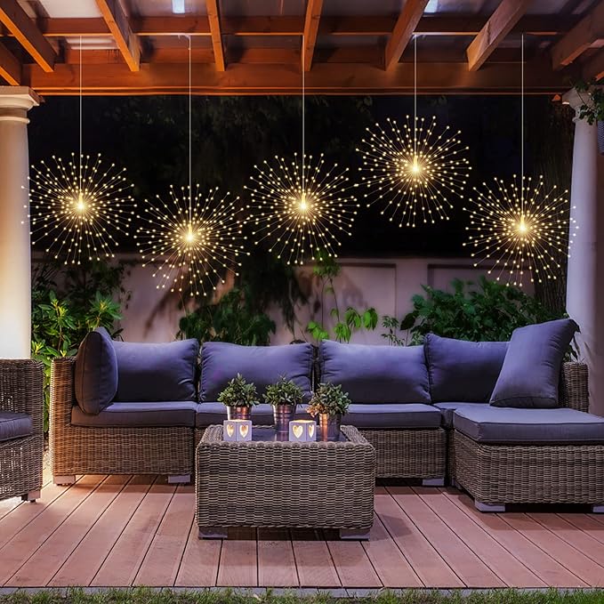 5 Pcs 1000LED Plug in Starburst Sphere Lights,Firework Light 8 Modes Dimmable Remote Control Waterproof Hanging Copper Wire Fairy Light for Patio Party Tent Christmas (Warm White)