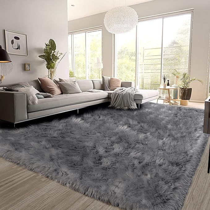 SERISSA 8x10 Fluffy Grey Faux Fur Area Rug by SERISSAHomeDecorCollection