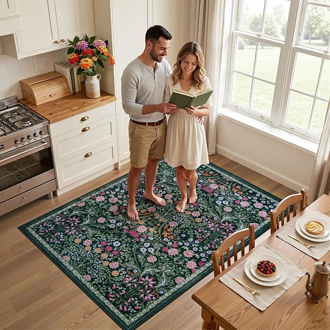 PLHXFR Area Rug Living Room: 3x5 Floral Washable Boho Carpet Dark Green | - Image 3