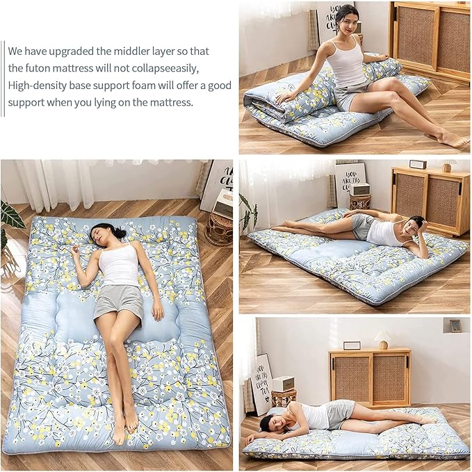 MAXYOYO Little Floral Japanese Futon Floor Mattress, Bed Mattress Topper Portable Thick Sleeping Pad Floor Bed Roll Up Camping Mattress Folding Couch Bed Mattress Pad for Guest Room Twin