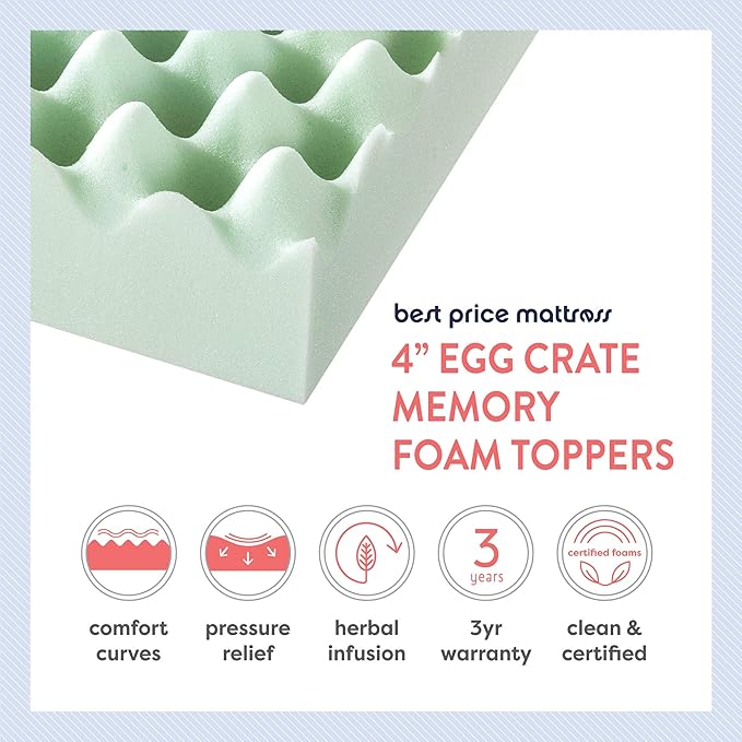 Best Price Mattress 4 Inch Egg Crate Memory Foam Mattress Topper with Calming Green Tea Infusion, CertiPUR-US Certified, Short Queen
