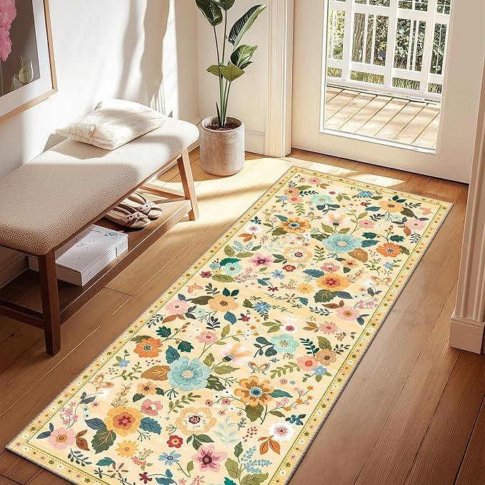 Floral Washable 2x6 Area Rugs Runner Entryway Hallway Ivory/Yellow | Flower by RELEANY