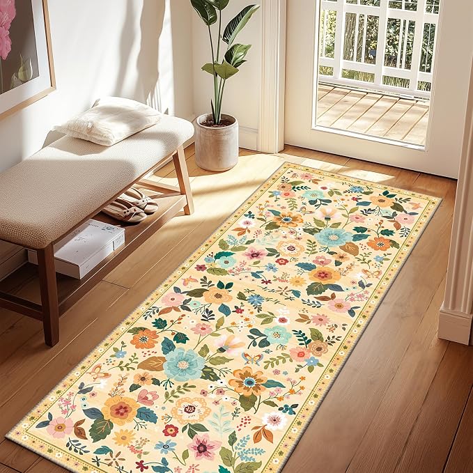 Floral Washable 2x8 Area Rugs Runner Entryway Hallway Ivory/Yellow | Flower - Image 8