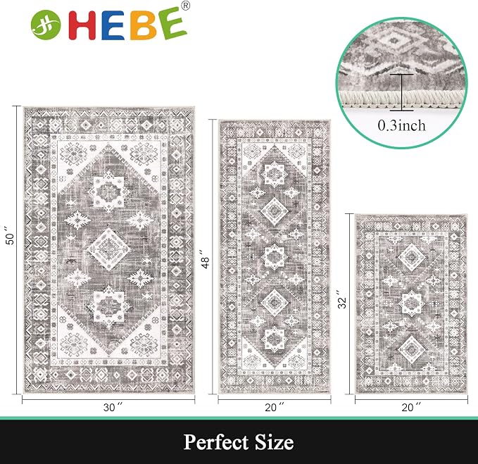 HEBE Boho Kitchen Rugs Set of 3, Non Slip Washable Kitchen Mats - Image 2