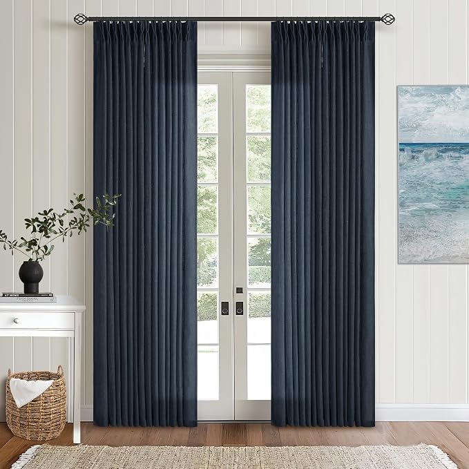 Navy Blue 80 Inch Pinch Pleated Linen Curtains 2 Panels Set | Light Filtering - Image 9