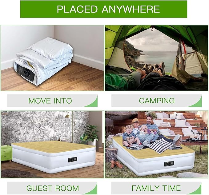 YENING Full Size Air Mattress with Built in Pump Raised Double Blow up Bed Inflatable Camping Airbed Electric 18 Inch Tall Beige